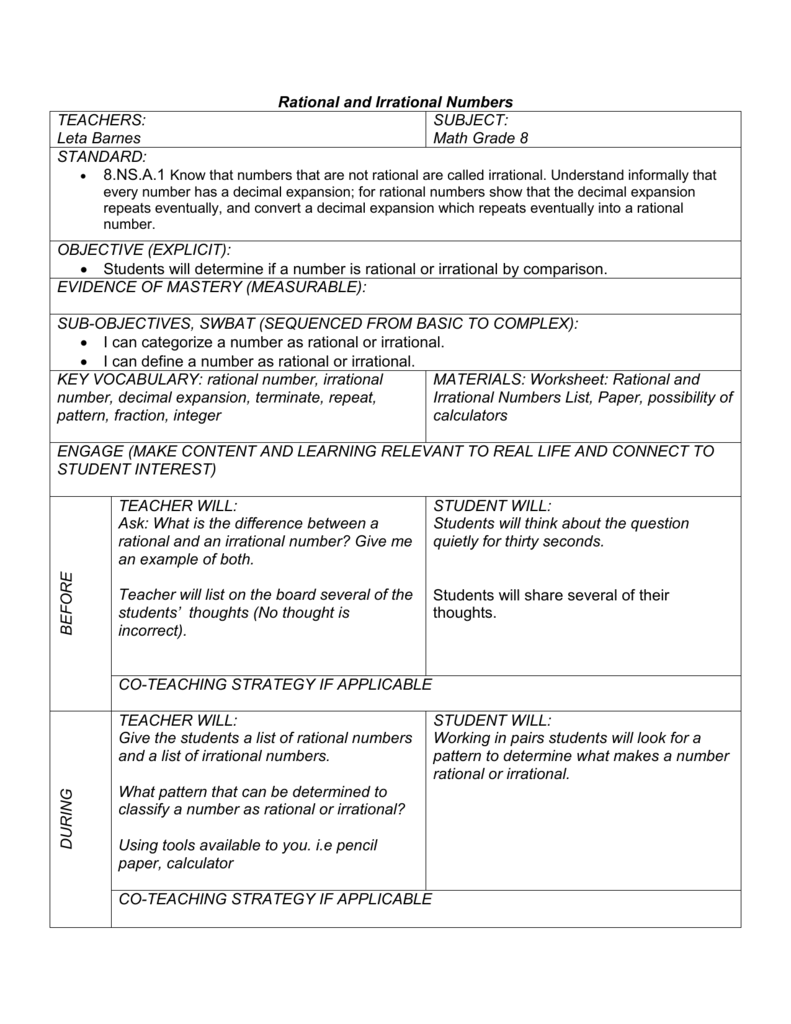 Inquiry Rational and Irrational Numbers Pertaining To Rational Vs Irrational Numbers Worksheet