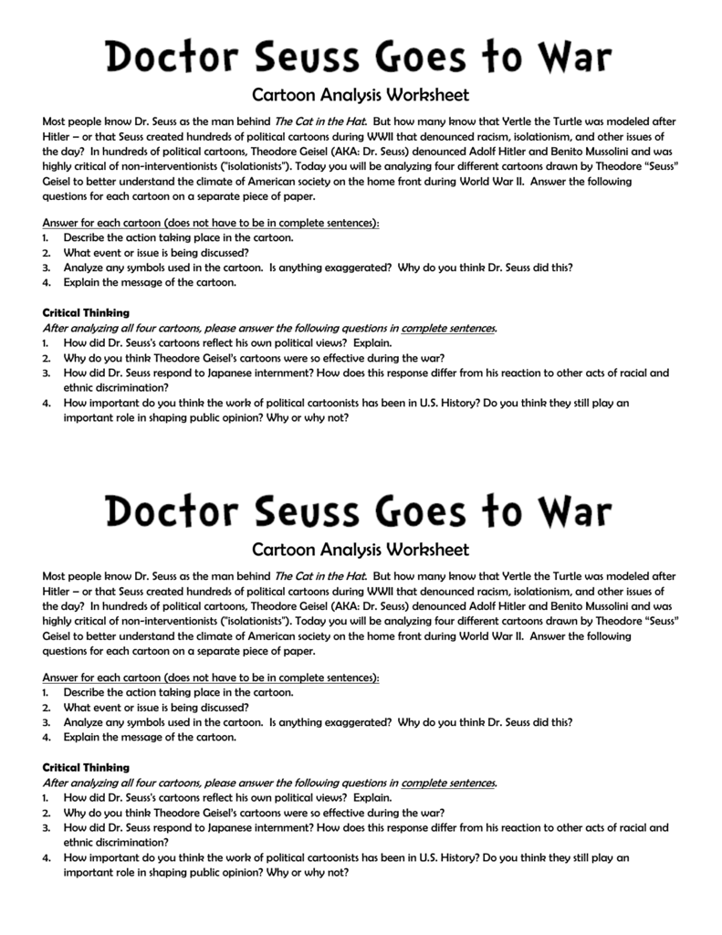 Cartoon Analysis Worksheet Most people know Dr. Seuss as the With Cartoon Analysis Worksheet Answers