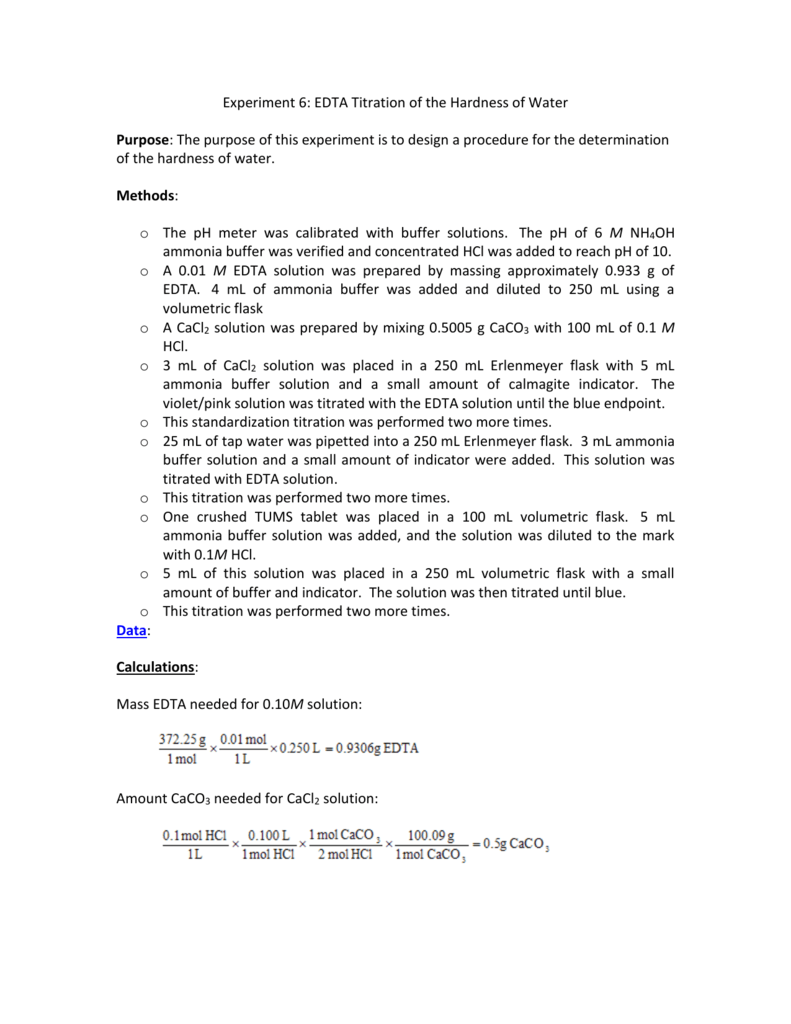 Lab 6 EDTA Titration of the Hardness of Water