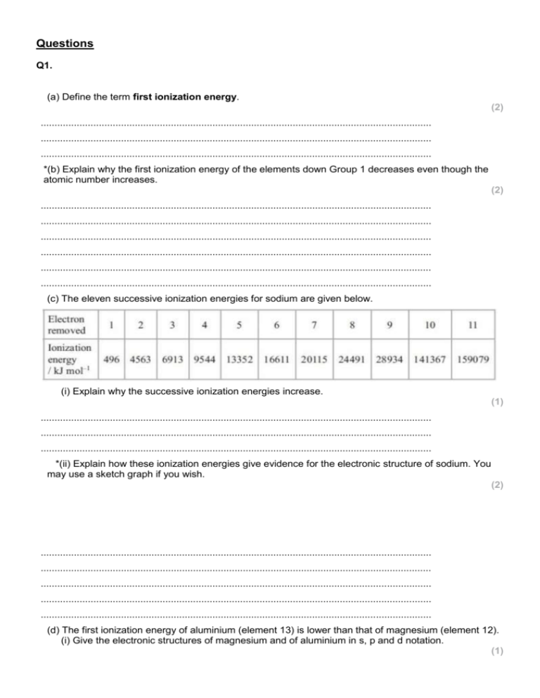 Ionisation energy past paper questions and mark scheme