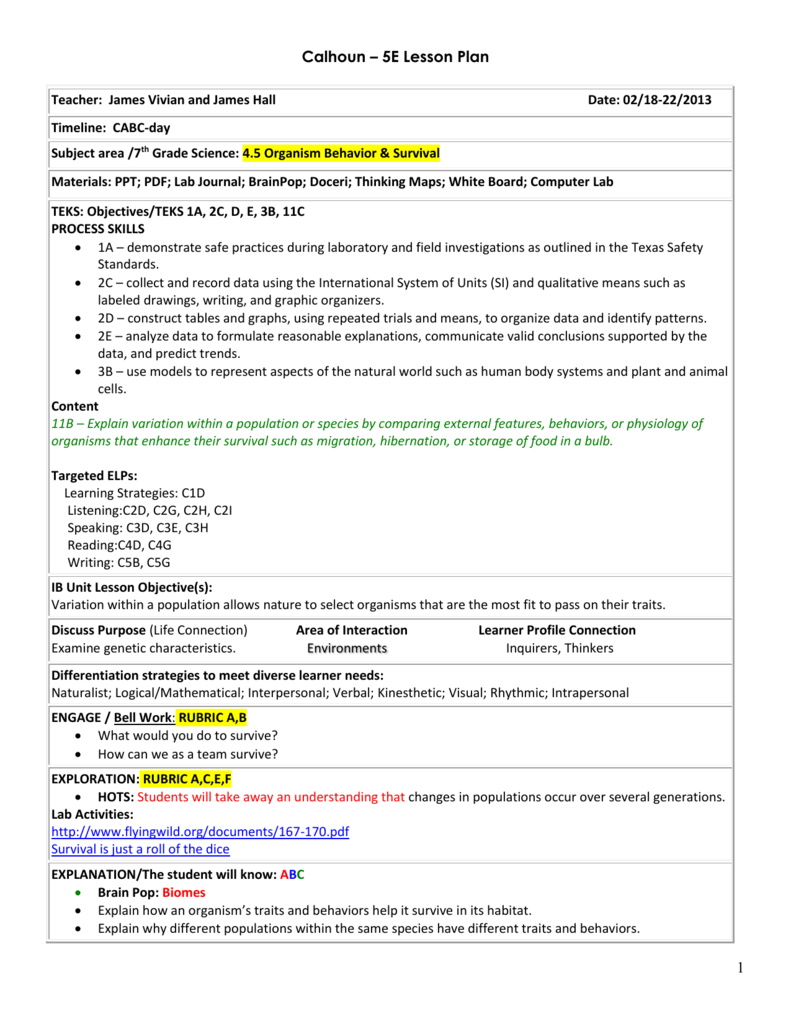 Example Of 5e Lesson Plan For Math