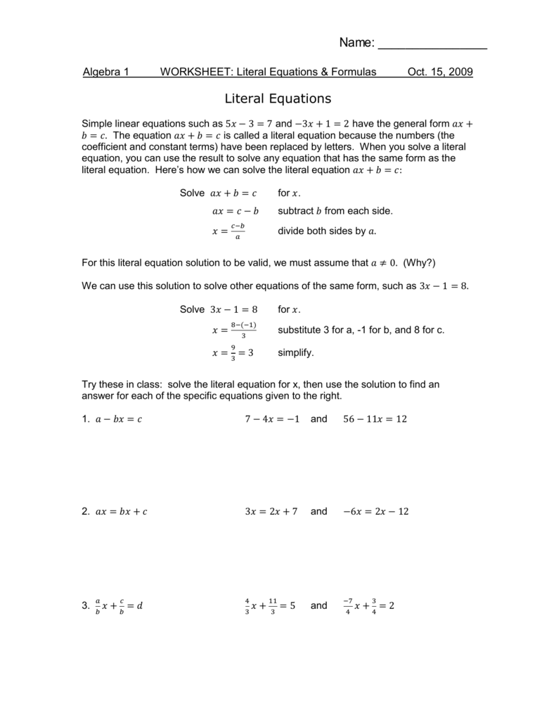 WS - Rewriting Equations and Formulas In Literal Equations Worksheet Algebra 1