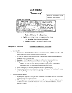 Unit 8 Notes “Taxonomy” Textbook Chapter 17