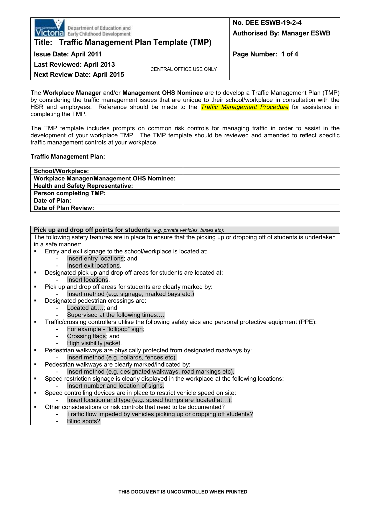 Traffic Management Plan Template TMP 