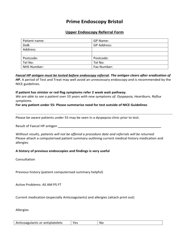 Prime Endoscopy Bristol Colonoscopy Referral Form 4606