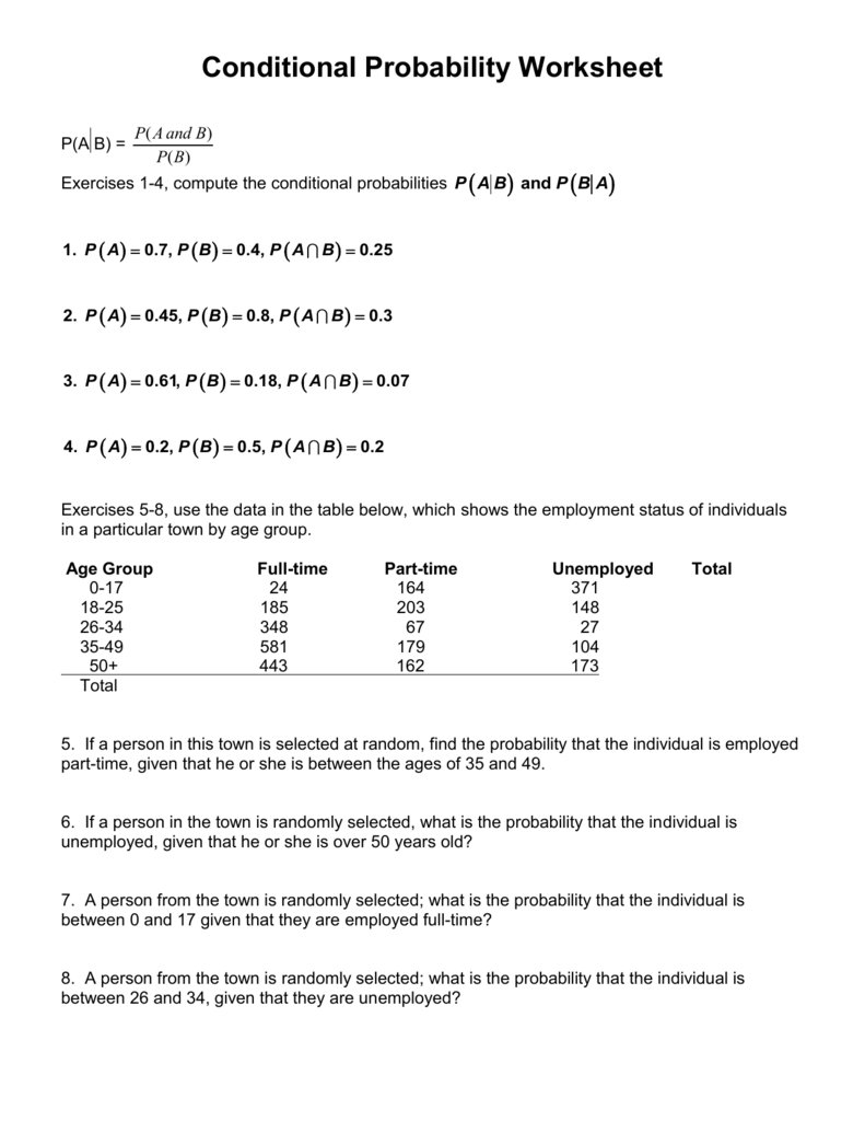 Conditional Probability Worksheet