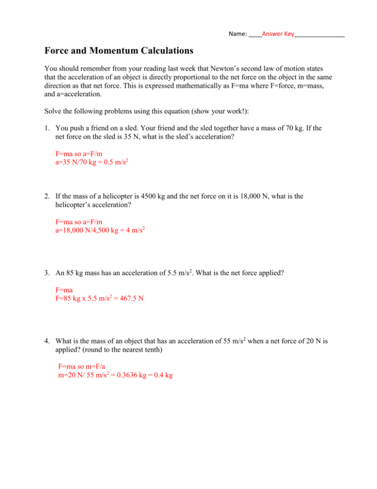 Force And Momentum Calculations Answer Key