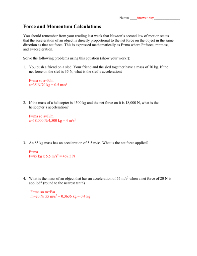 Force and Momentum Calculations-Answer Key Within Momentum Worksheet Answer Key