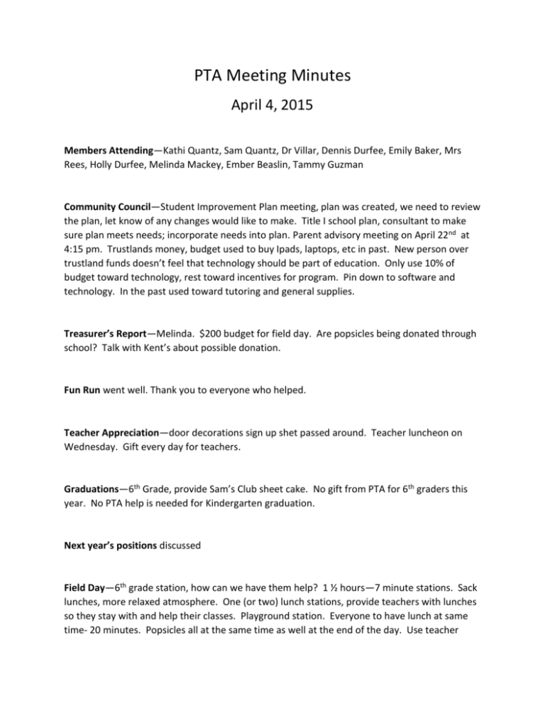 April 2015 PTA Meeting Minutes
