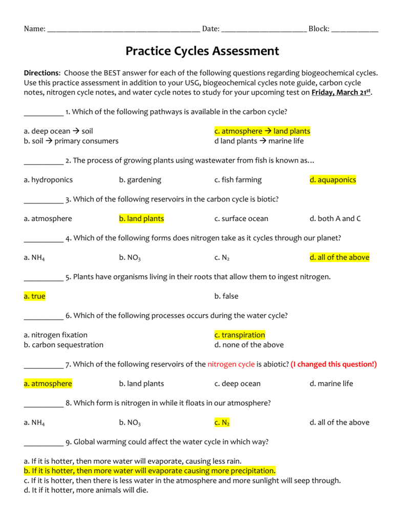 Biogeochemical Cycles Answer Key