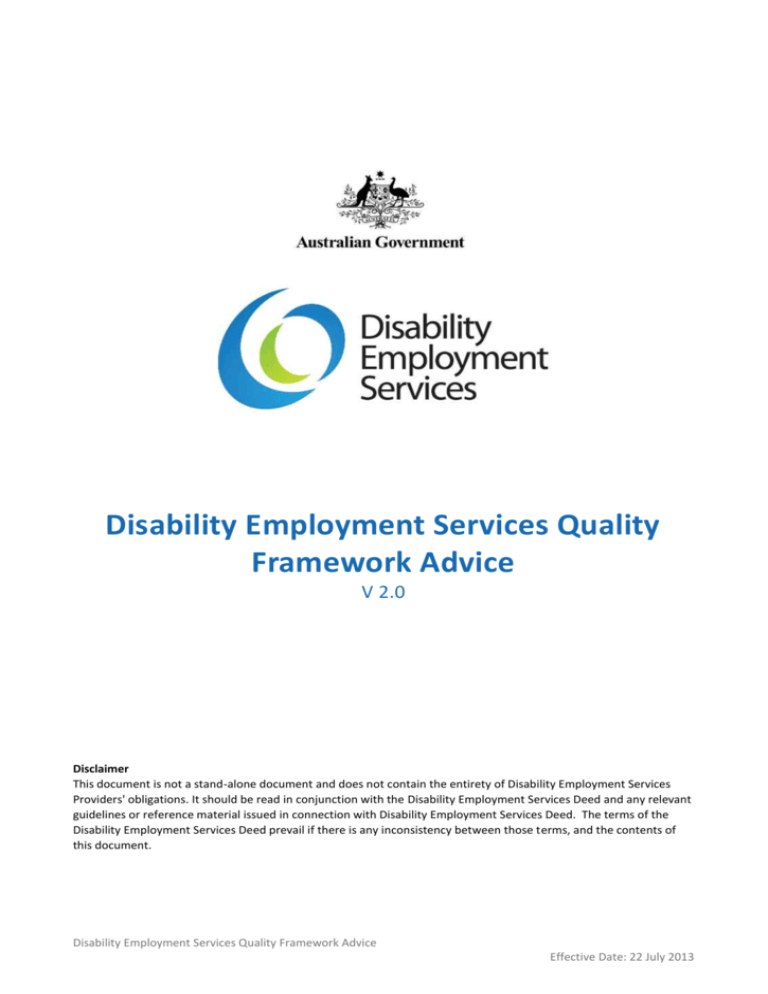 Disability Employment Services Quality Framework Advice