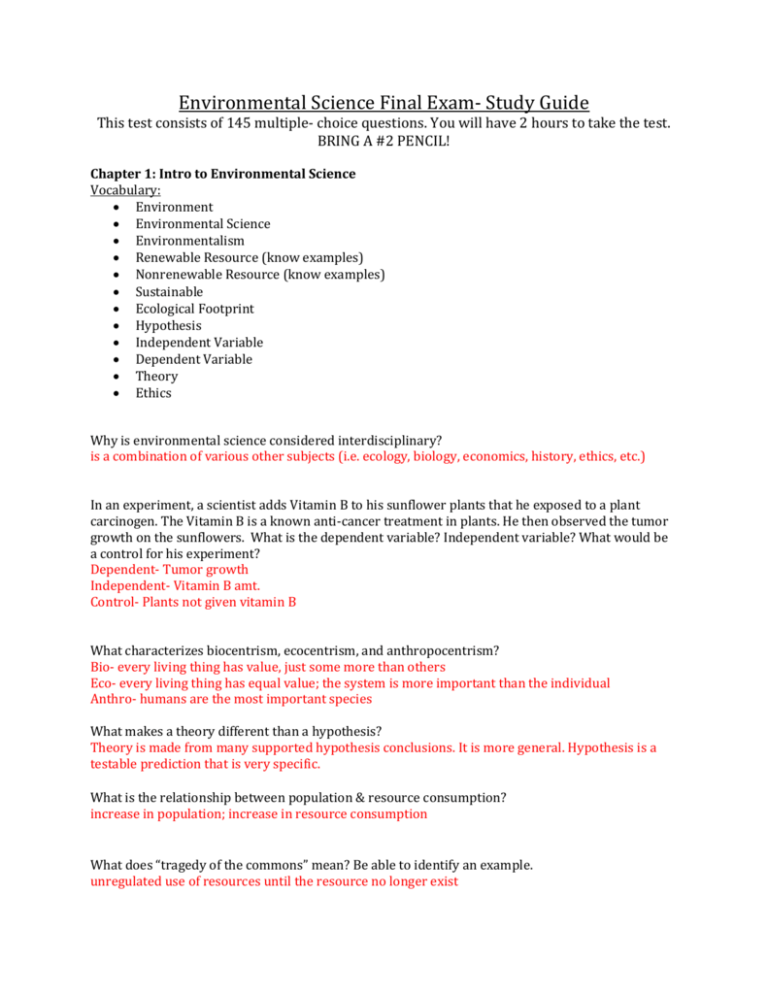 Environmental Science Final Exam Study Guide Environmental Science Final Exam Study Guide