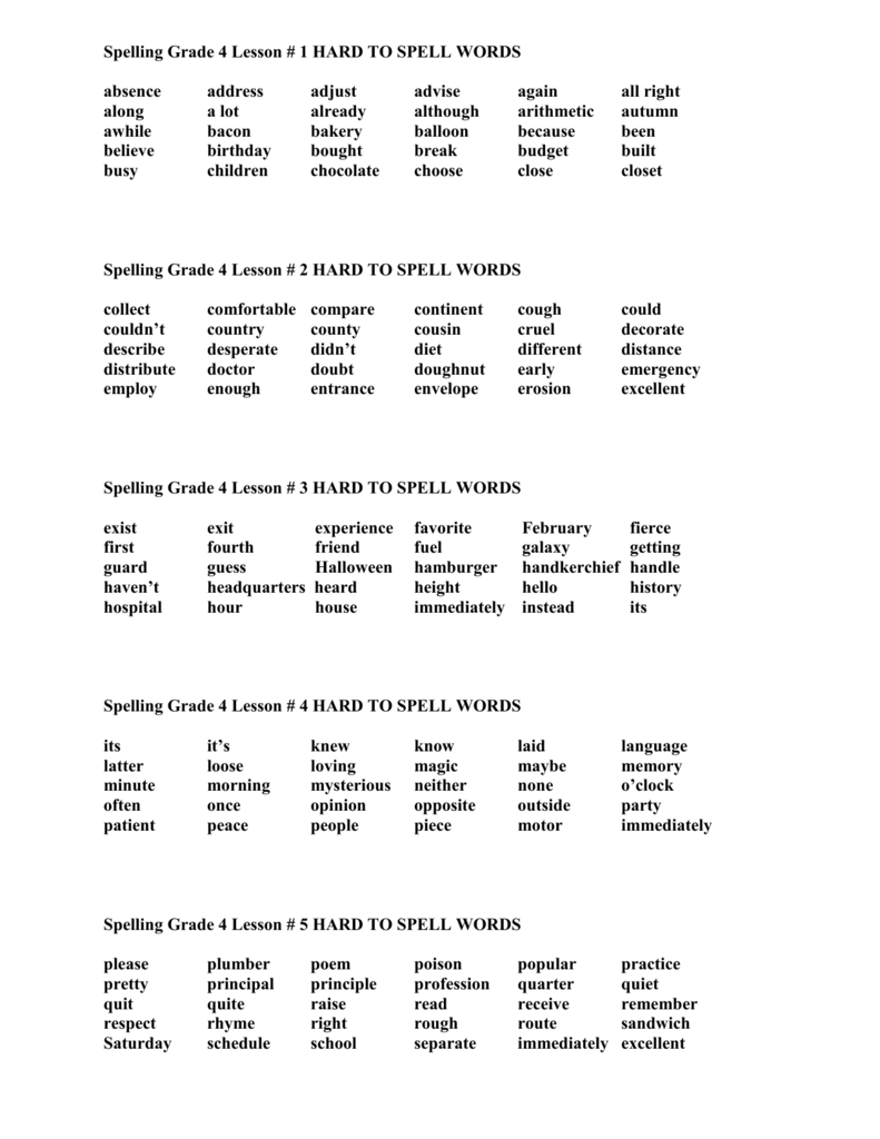 All Spelling Lessons For Grade 4