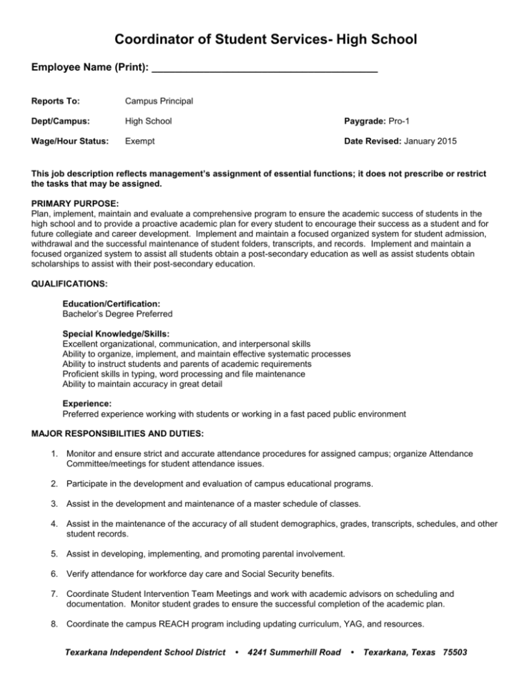 Coordinator Of Student Services