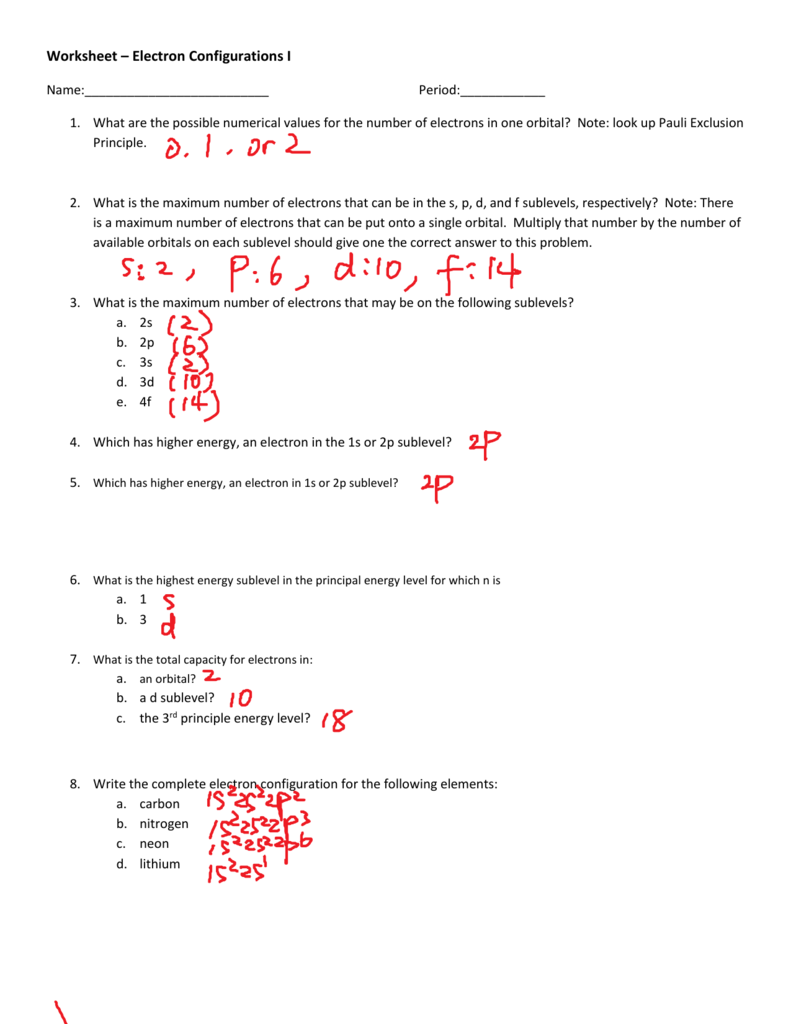 Electron Configurations Worksheet I Answers In Electron Configuration Worksheet Answers Key