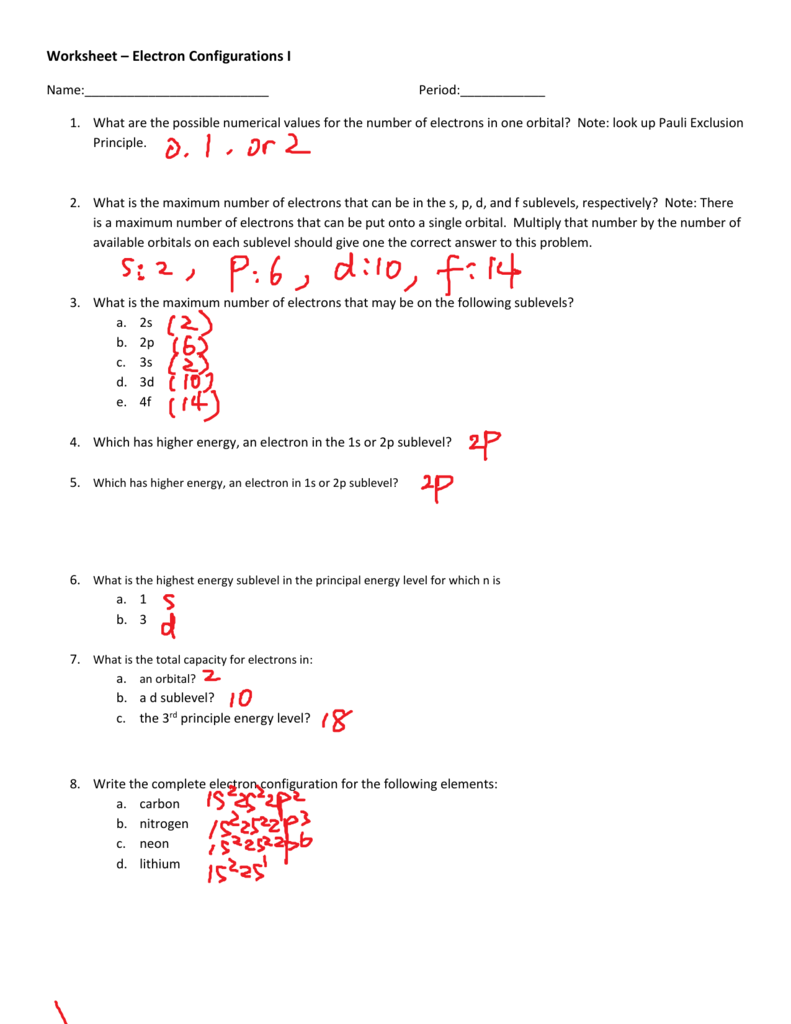 Electron Configurations Worksheet I Answers With Electron Configuration Worksheet Answer Key