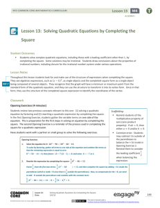 Lesson 13: Solving Quadratic Equations by Completing