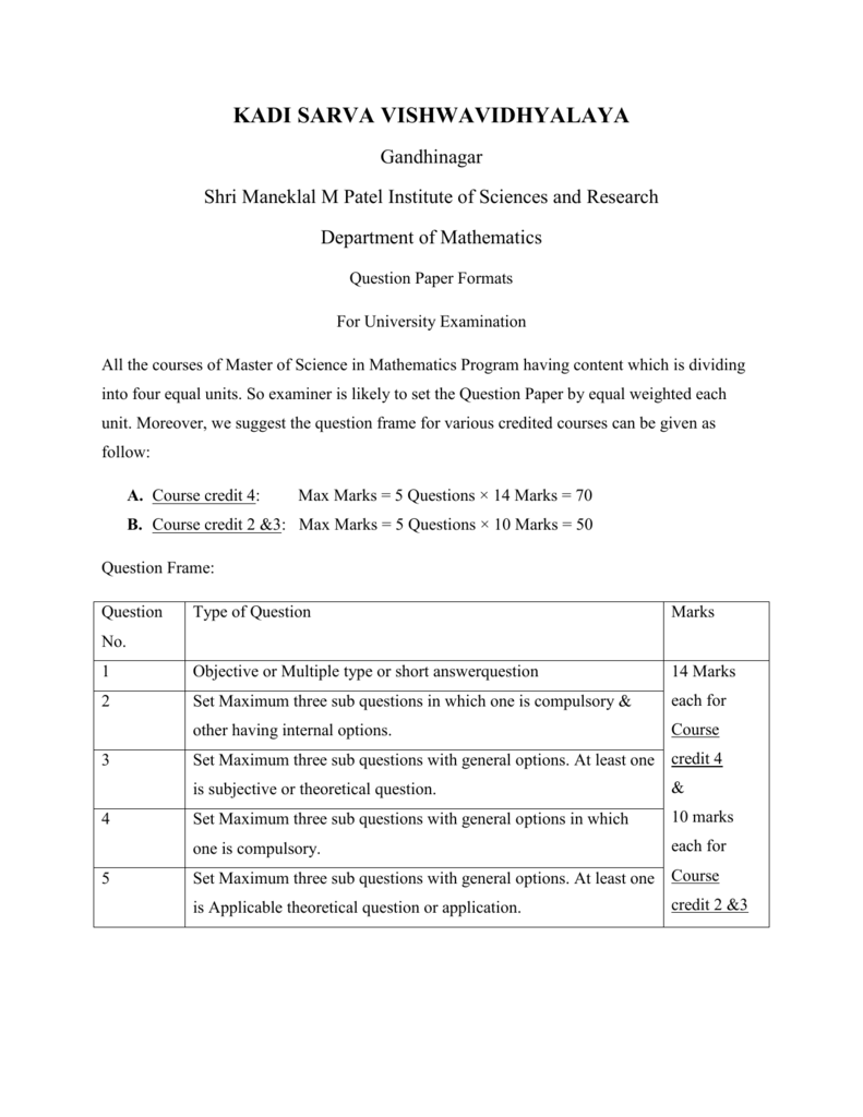 Question Paper Format Kadi Sarva Vishwavidyalaya