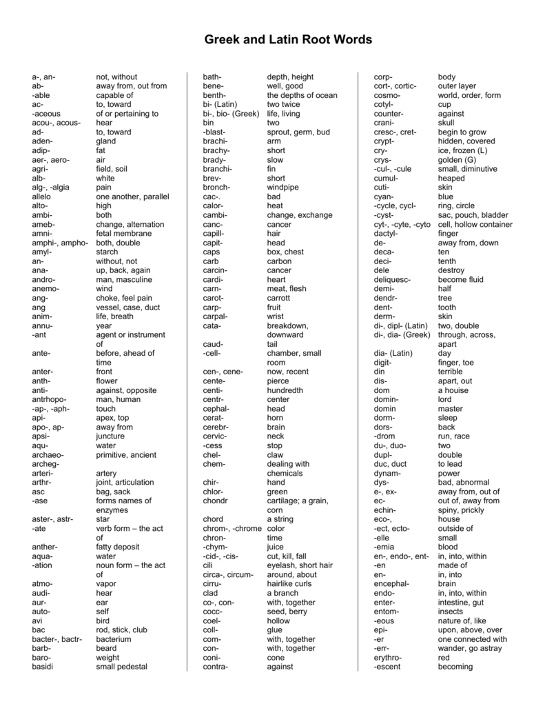 Common Greek And Latin Roots For 5th Grade