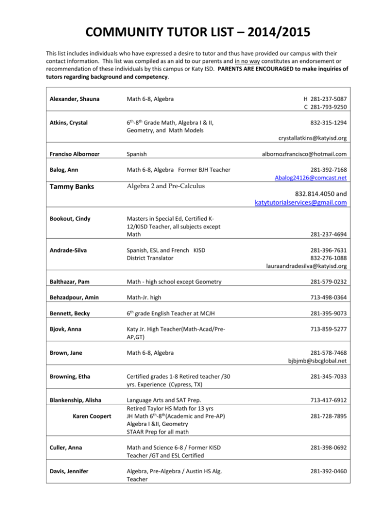 Community Tutor List 2014 2015 Katy Independent School District