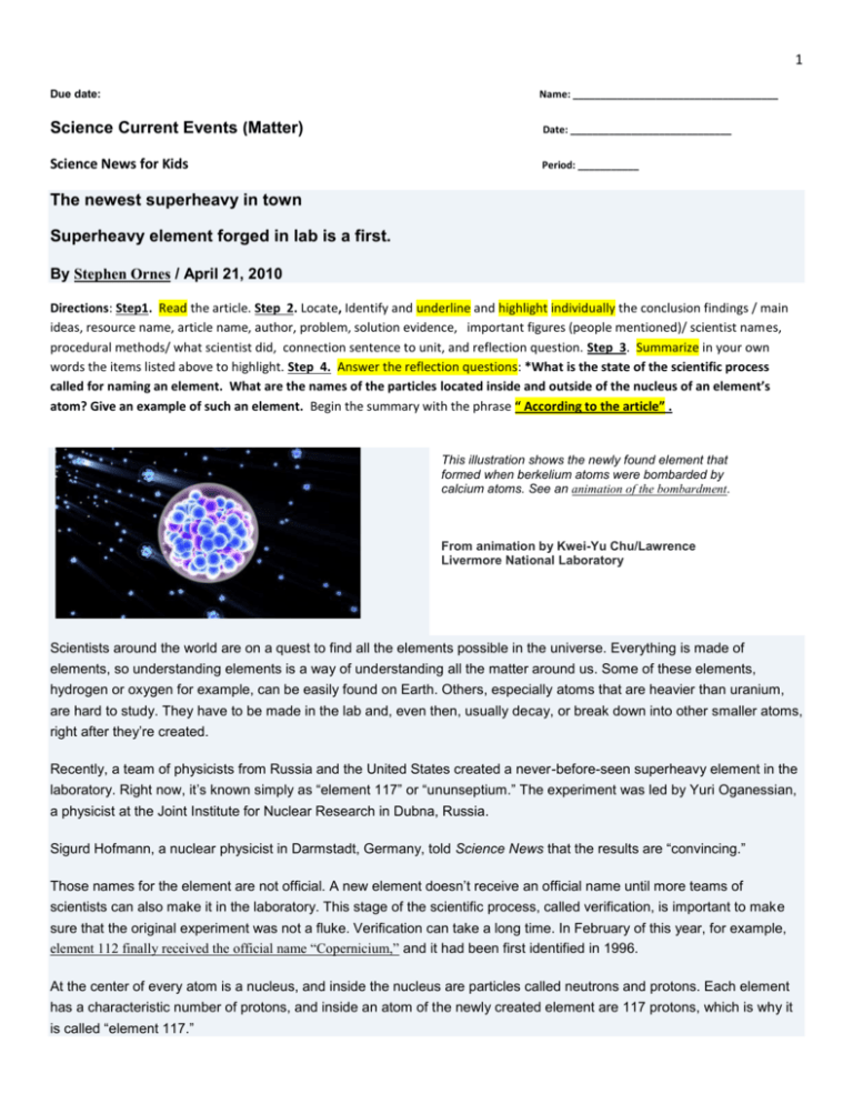 Science Current Events (Matter) Date