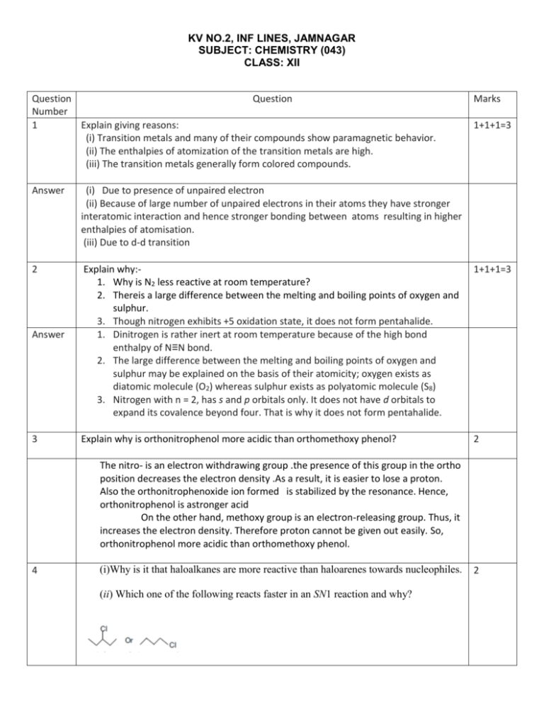 Class XII Chemistry Important Questions And Answers