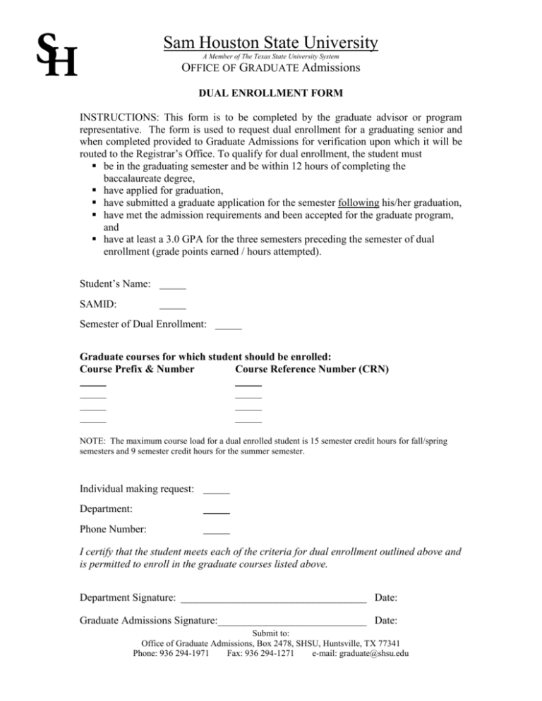 Dual Enrollment Form Sam Houston State University