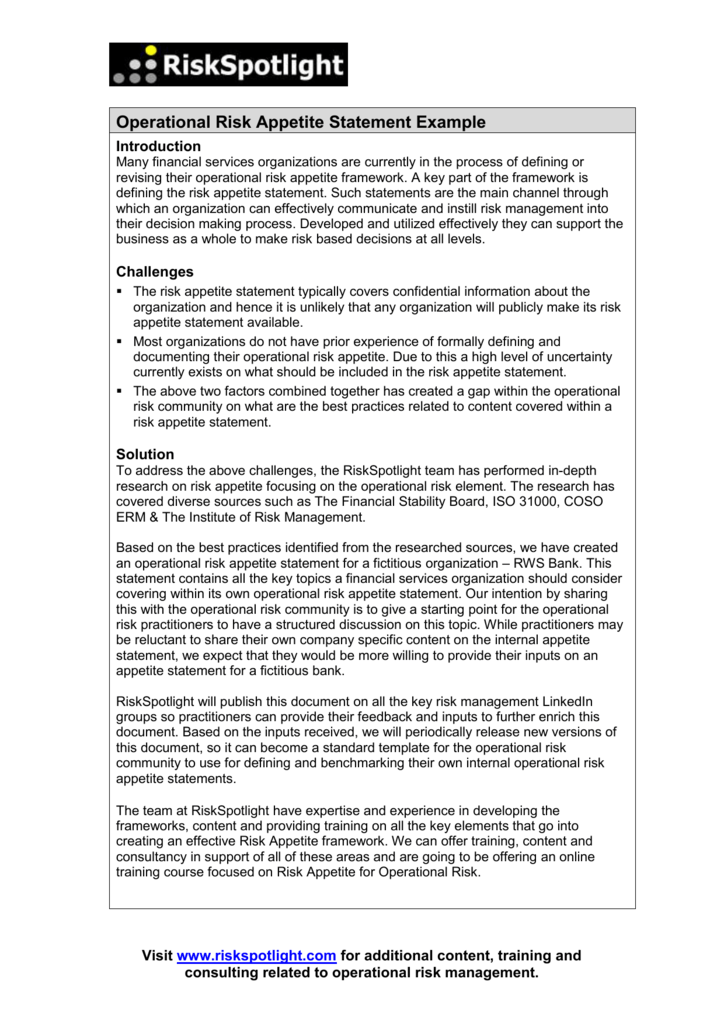 Compliance Risk Appetite Statement Example For Banks