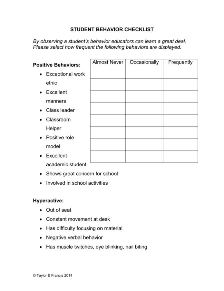 Student Behavior Checklist