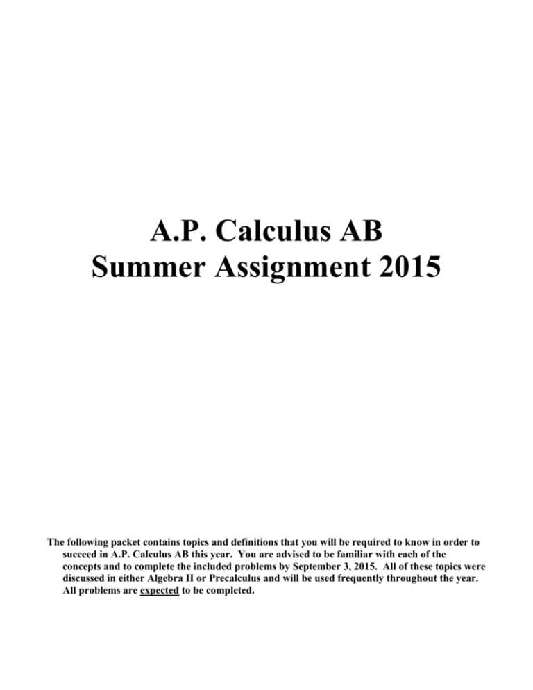 calculus ab summer assignment