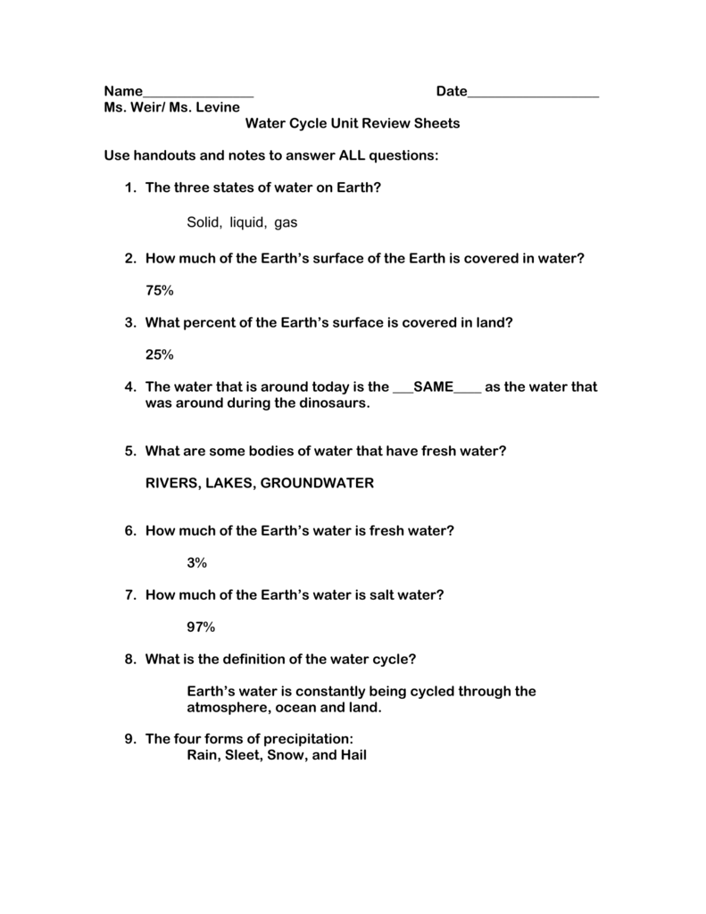 Water Cycle Review Sheet with Answers For The Water Cycle Worksheet Answers