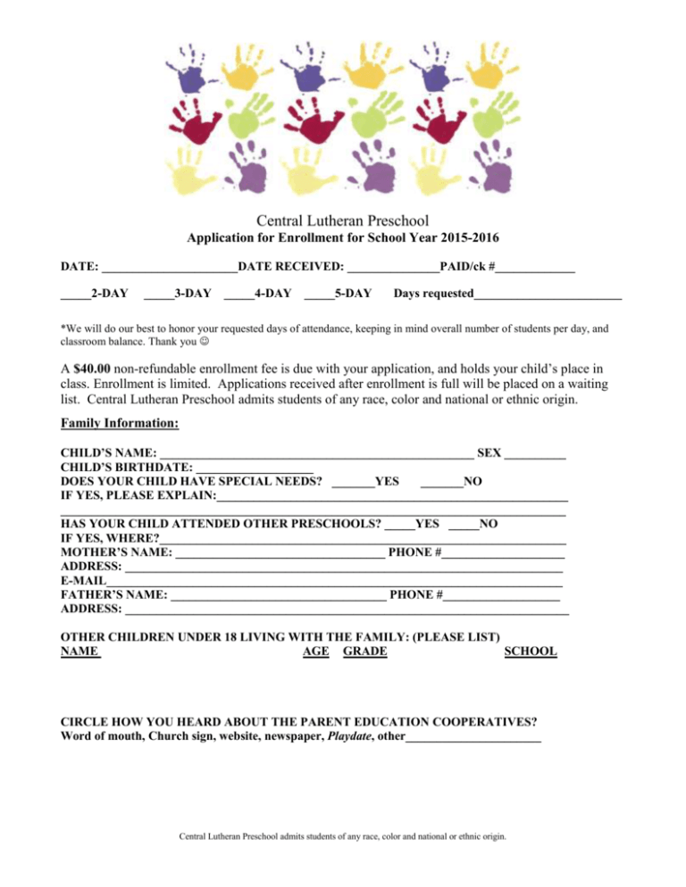 Printable Preschool Registration Form Template