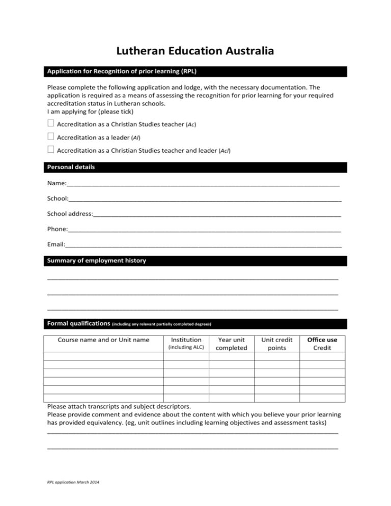 Recognition Of Prior Learning RPL Application Form