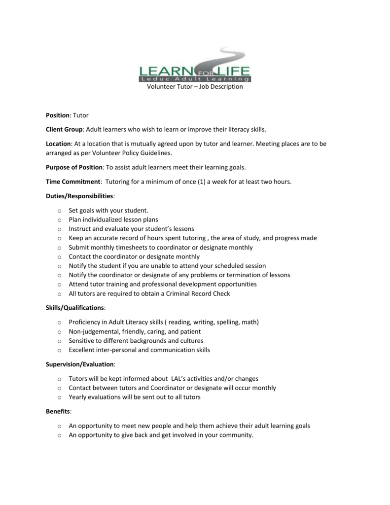 Volunteer Tutor Job Description
