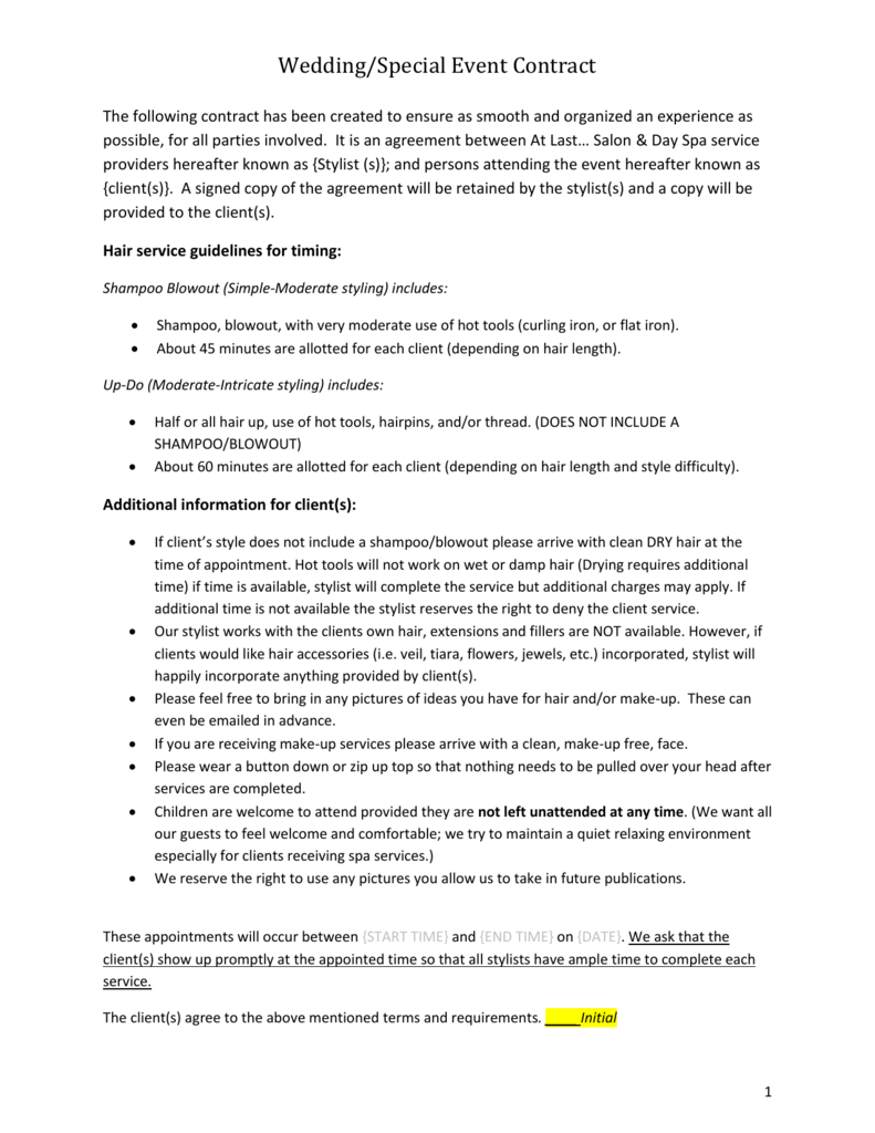 Wedding Special Event Contract