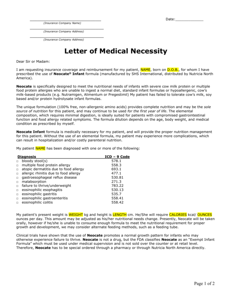 Letter Of Medical Necessity Template