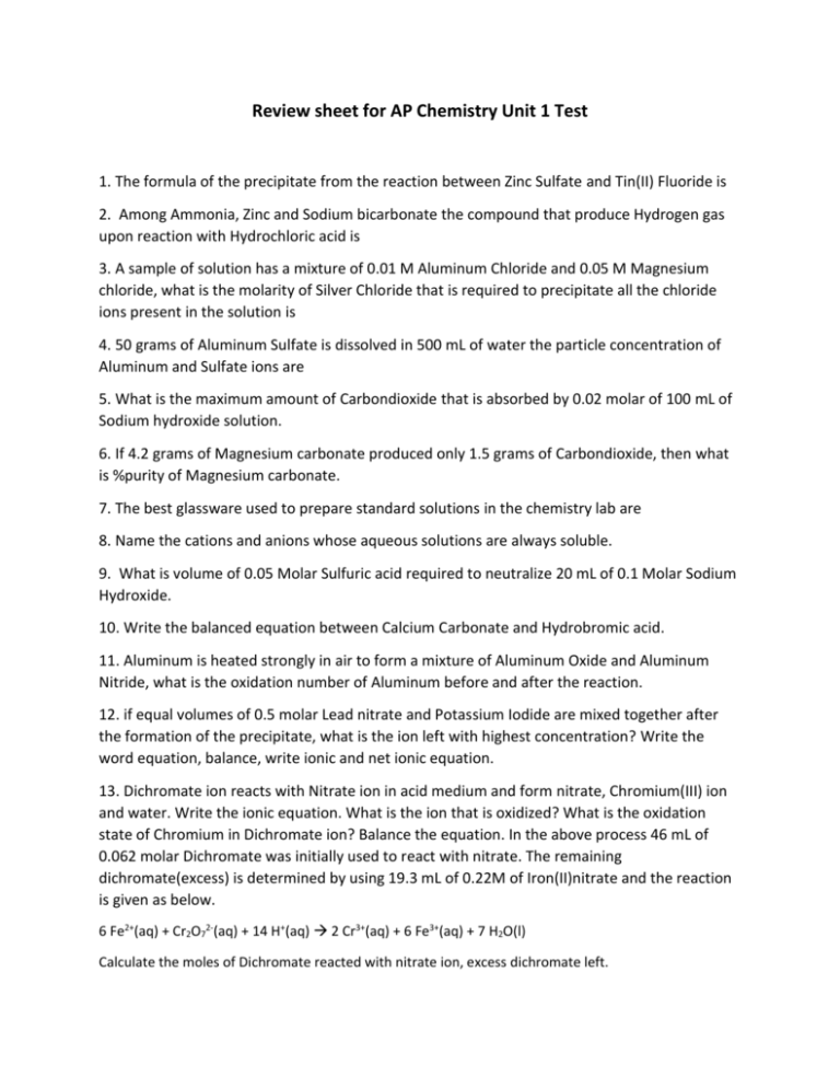 Review Sheet For AP Chemistry Unit 1 Test