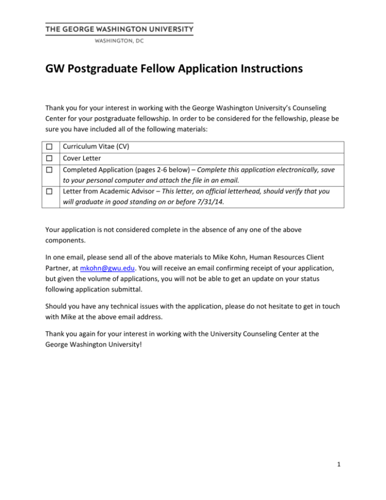 GW Postgraduate Fellow Application Counseling Center