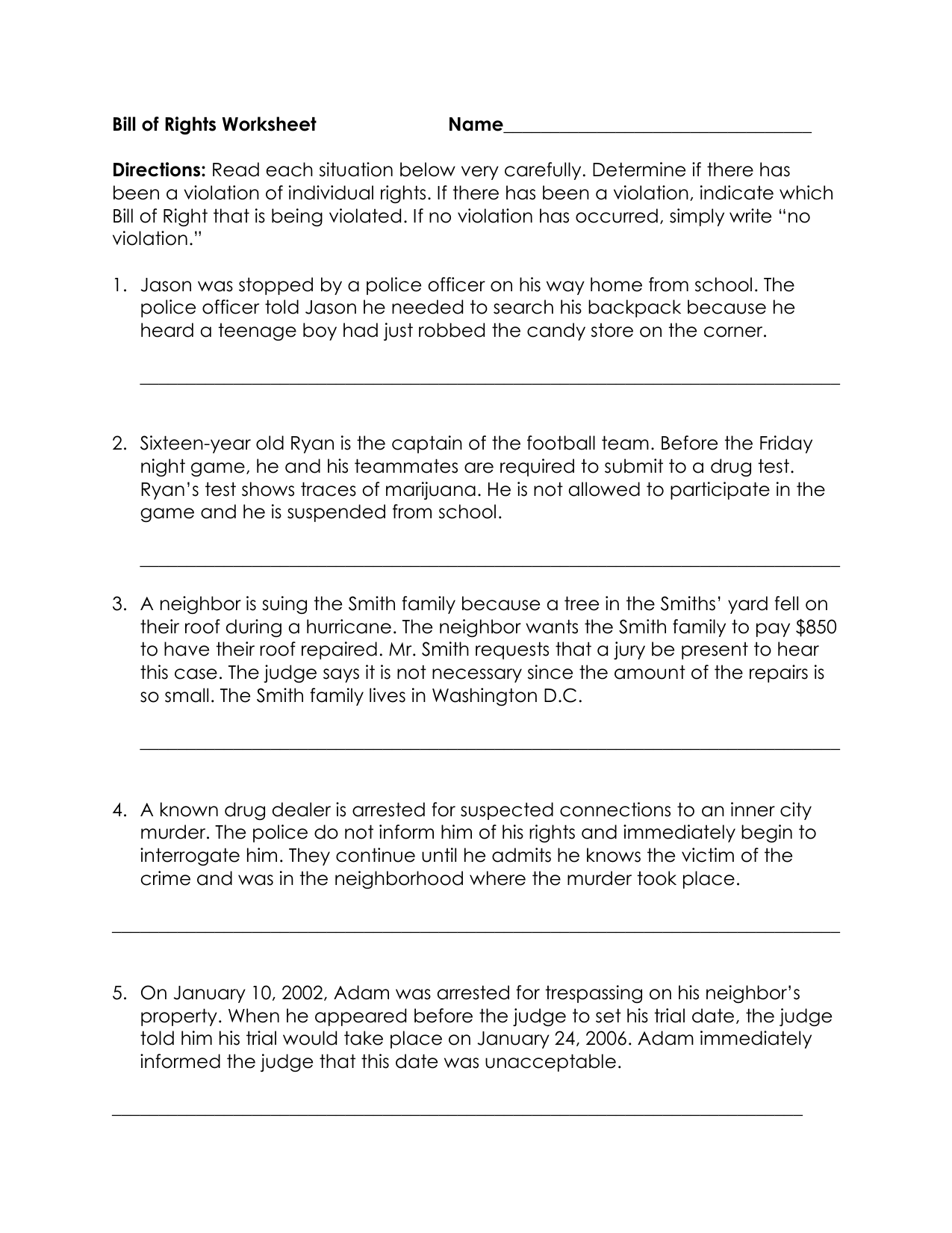 The Bill Of Rights Scenarios - Community Unit School District 11 Inside Bill Of Rights Scenario Worksheet
