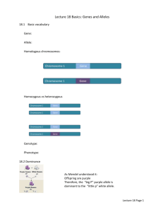Lecture 18 Basics: Genes and Alleles 18.1 Basic vocabulary Gene