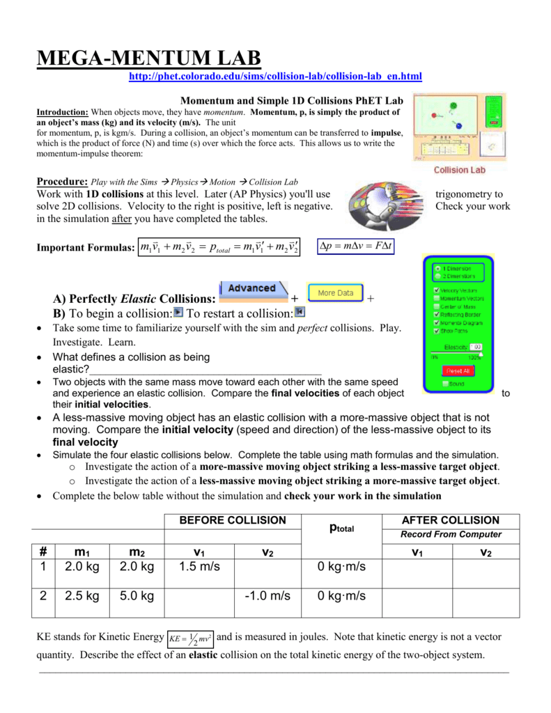 Z10 Collisions Phet Lab PHET Lab 11 Momentum