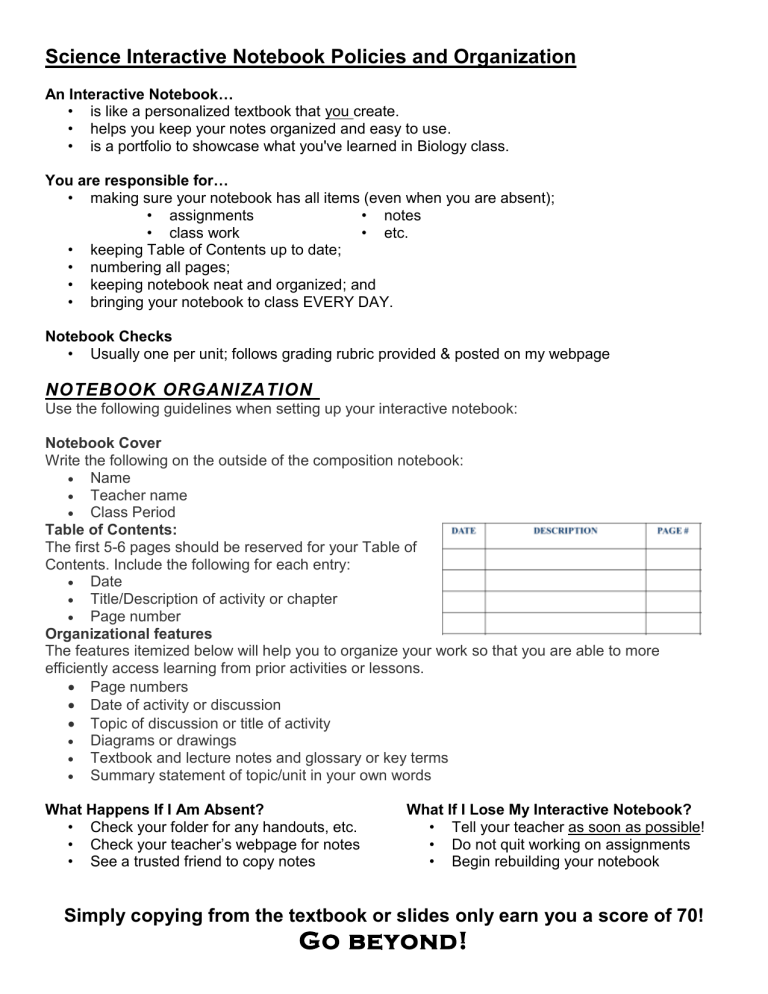 Science Interactive Notebook Policies and Organization