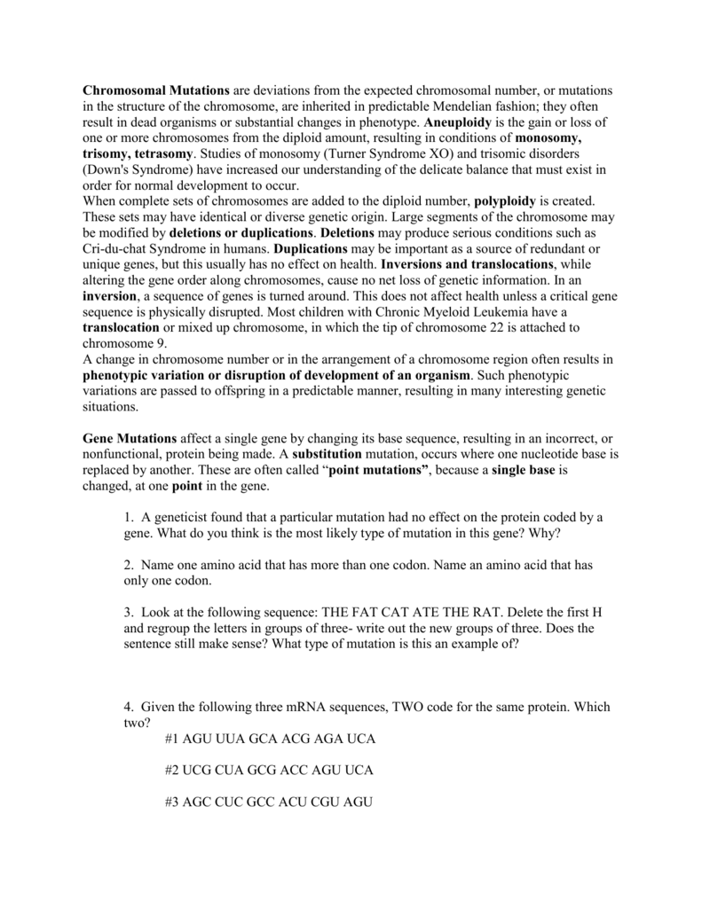 H) DNA Mutations worksheet