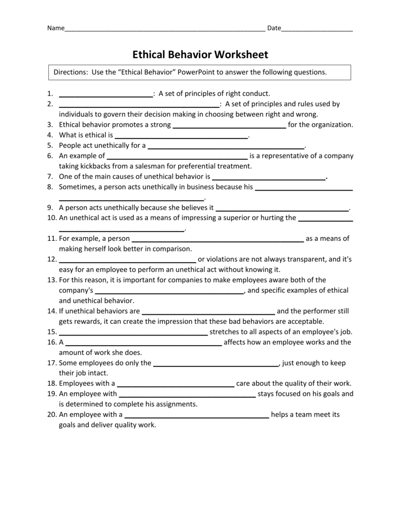 Business Ethics Worksheets Printable