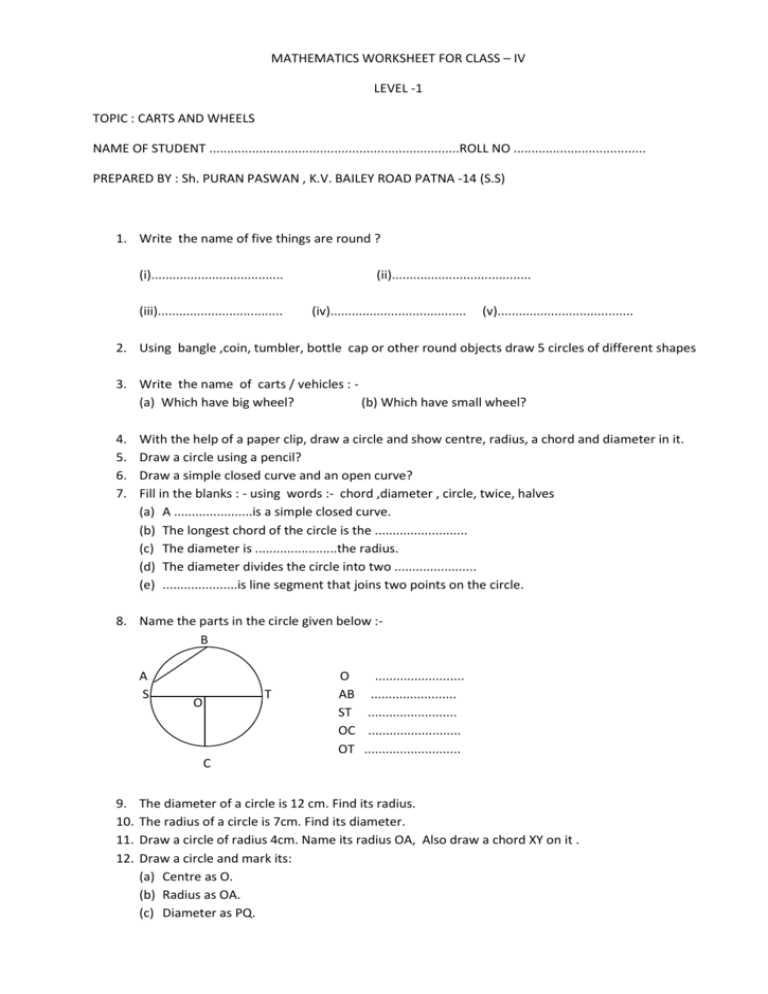 MATHEMATICS WORKSHEET FOR CLASS IV LEVEL