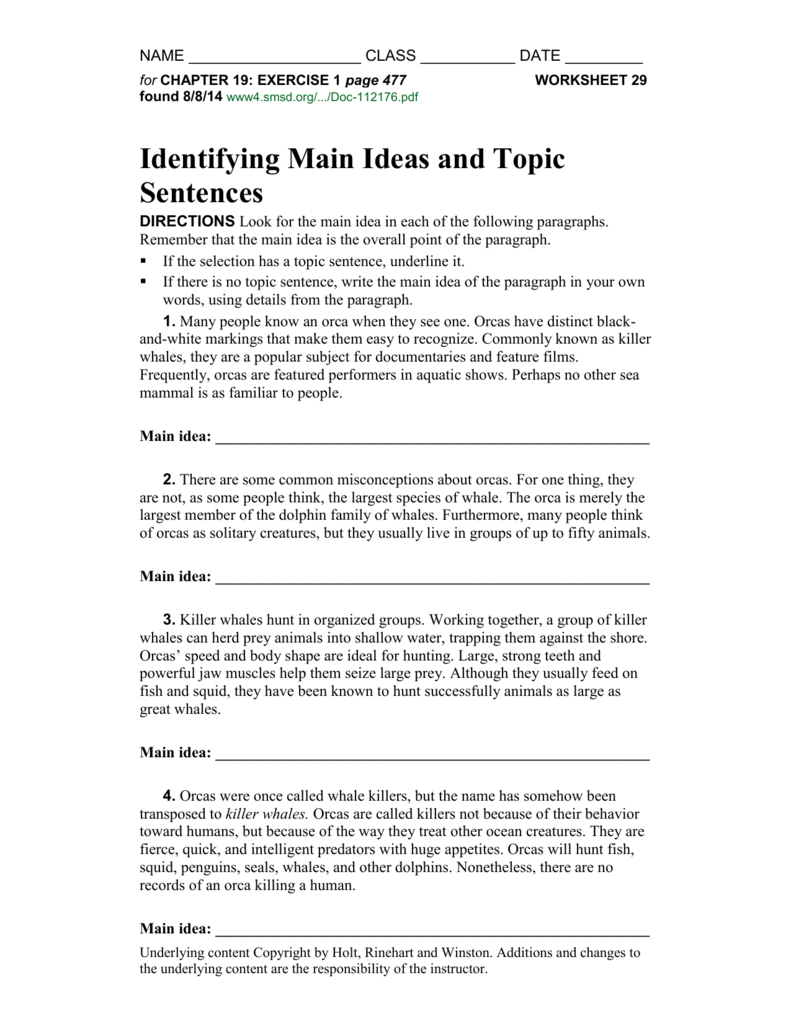 Finding Topic Sentence Worksheet