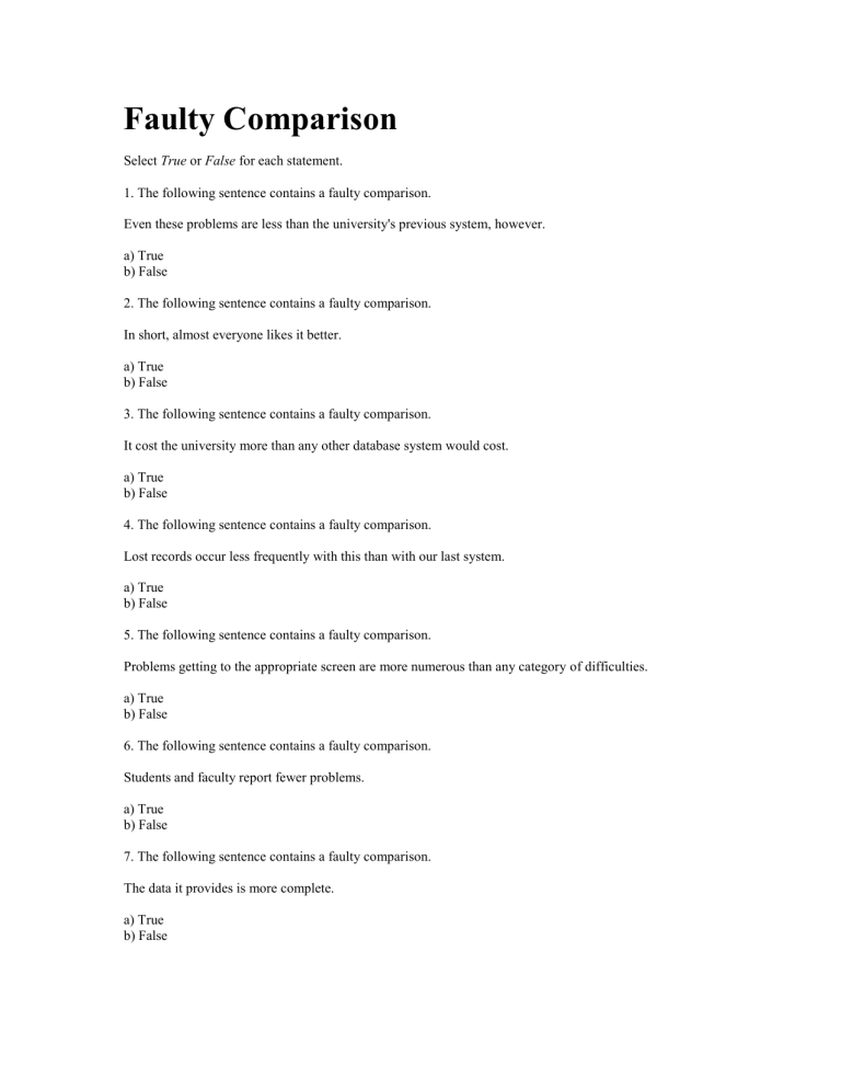 Faulty Comparison Exercises With Answers