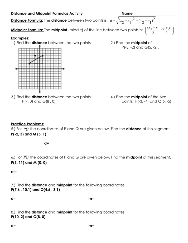 Distance and Midpoint Formulas Activity With Distance And Midpoint Formula Worksheet