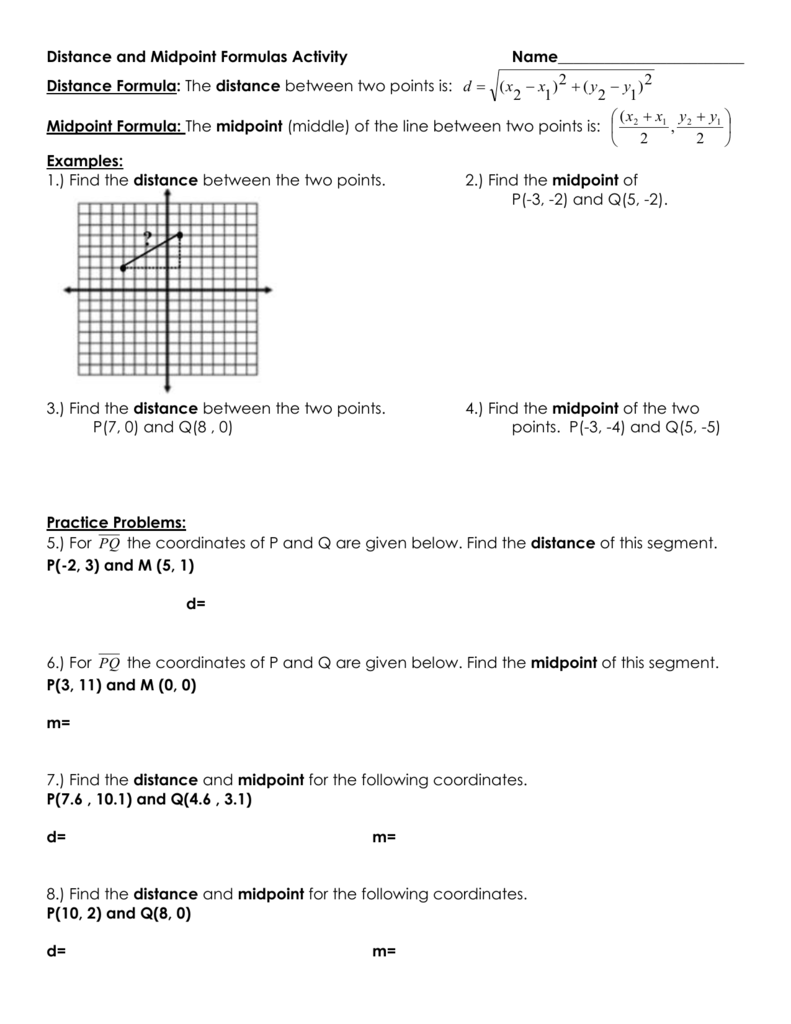 Distance And Midpoint Formulas Activity