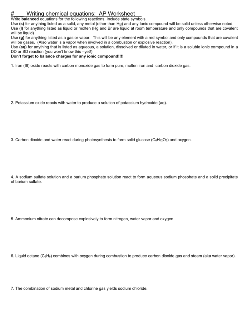 Writing chemical equations: AP Worksheet